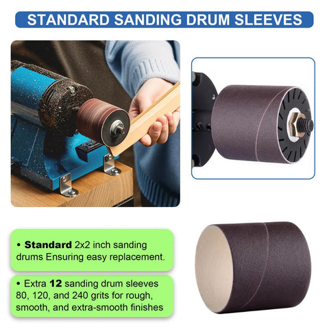 Top Shelf Heavy Duty Leather Burnishing Machine With Variable Speed Dial And Rosewood Edge Polisher shows 2x2 inch sanding drum sleeves and grit options.