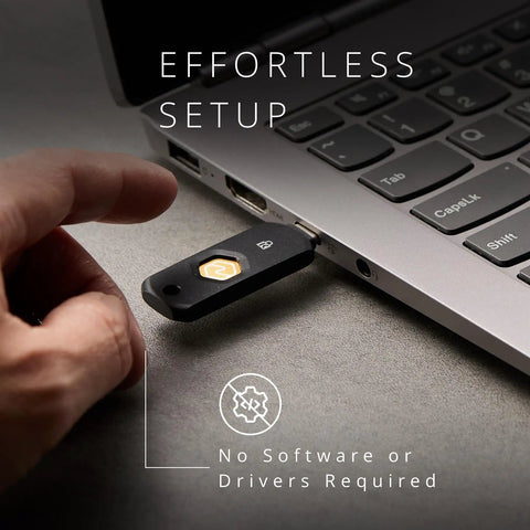 Zero Drama Dual Mode Usb C Security Key With Nfc Tap Feature For Seamless Passwordless Login Supports Fido2 Protocols And Modern Passkeys Across Every Device You Own Keychain Ready inserted into laptop USB port.