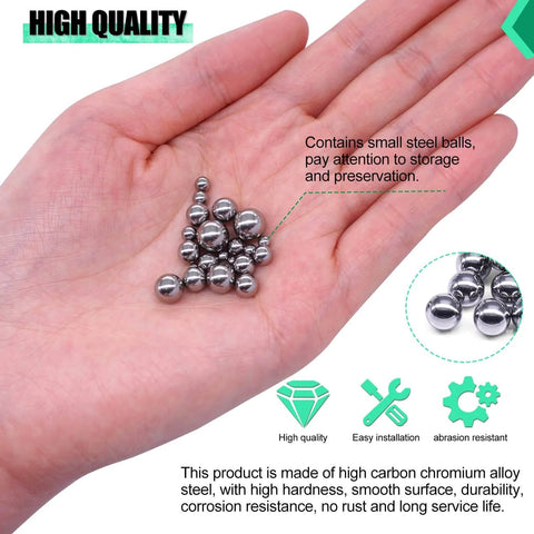 Hand holding rust-resistant precision steel bicycle bearing balls from 620 Pieces Stainless Steel Bicycle Bearing Balls Set