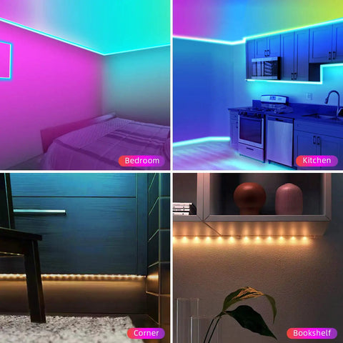 PMMA Covered LED Strip Lights 16ft with 150 Chips illuminating a bedroom, kitchen, corner, and bookshelf with vibrant colors.