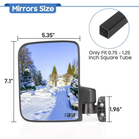 Dimensions of No Drilling Golf Cart Mirror Kit side mirror with 180° foldable HD glass, showing square tube compatibility.