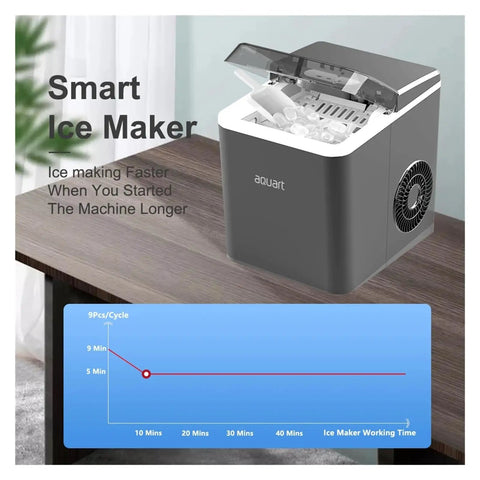 No Sweat Countertop Flake Ice Maker Machine With Silent Operation For Home Bars on wooden table with ice production chart.