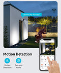 2K Outdoor Security Camera With Color Night Vision showing motion detection, two-way audio in action via mobile app, IP65 weatherproof.