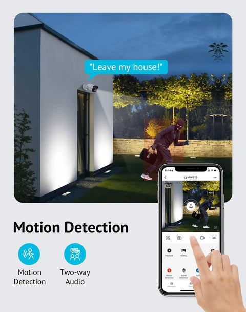 2K Outdoor Security Camera With Color Night Vision showing motion detection, two-way audio in action via mobile app, IP65 weatherproof.