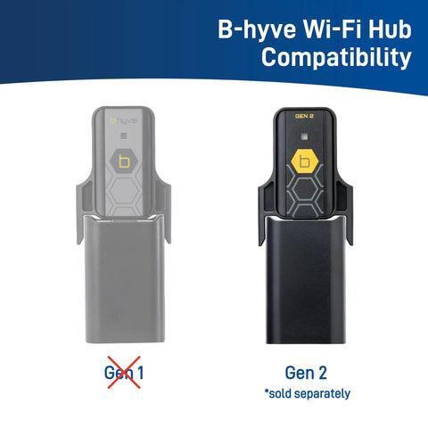 Comparison of Gen 1 and Gen 2 B-hyve Wi-Fi hubs for Gen 2 Smart Hose Watering Timer For Garden Hose With No Fuss Set It And Forget It Auto Watering, Precise Scheduling, Weatherproof Outdoor Controller For Plants, Lawn, And Containers, showing compatibility.