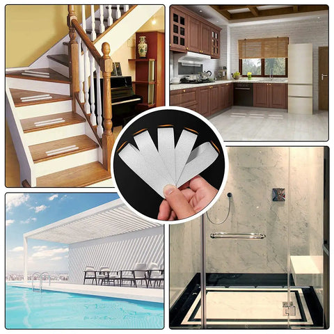 Grippy Non Slip Bathtub And Shower Stickers Set 24 Pieces 8 By 0.8 Inch Anti Skid Treads Tape shown on stairs, kitchen, shower, pool