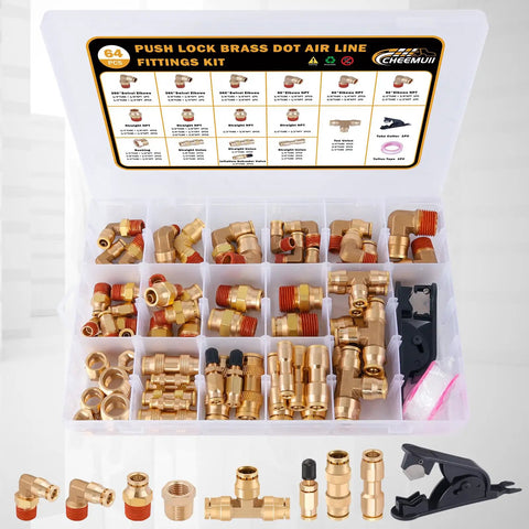 64 Piece Brass DOT Air Line Fittings Kit All In One With Push Lock And Quick Connect NPT Thread in open case
