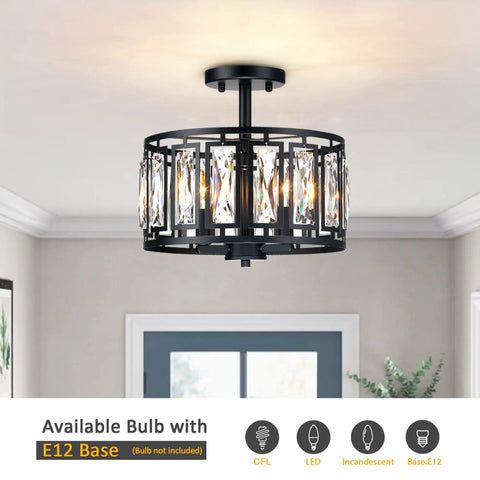 Modern Crystal Semi Flush Mount Black Ceiling Light With Three Lights For Dining Room Bedroom Kitchen Island Hallway Entryway Close To Ceiling That Delivers Sparkling Transparent Crystals And A Bold Glam Glow