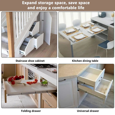 Top Shelf Heavy Duty Aluminum Telescopic Table Extension Slides Built Tough With Silent Glide Motion Perfect For Kitchen Countertops And Dining Tables Silver Sixty Four Inch Length Easy Setup with various storage solutions.