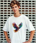 Man wearing a white T-shirt with a colorful eagle design from Colorful Animal Iron On Transfers Set 10 Heat Transfer Stickers For T Shirts