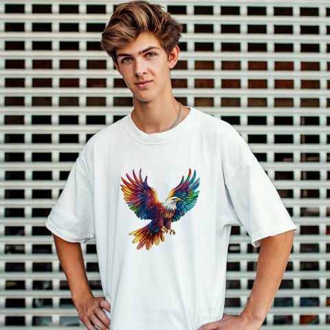 Man wearing a white T-shirt with a colorful eagle design from Colorful Animal Iron On Transfers Set 10 Heat Transfer Stickers For T Shirts