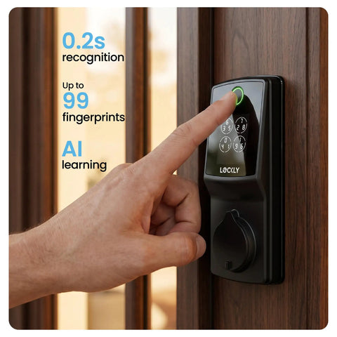 Secure Pro Wi-Fi Deadbolt Smart Lock Packs Hella Fast Ai Fingerprint Unlock In Just.2 Seconds Alongside A Ridiculously Slim Interior Body For A Clean Vibe And Quick Plug And Play Setup. User entering fingerprint on matte black smart lock.
