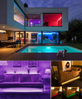 Battery Powered LED Strip Lights Kit 2 Pack 6.56Ft Each With Remote Control 24 Keys, RGB Color Changing, Waterproof For Indoor Outdoor Decor displayed on a house facade, couch, and bed.