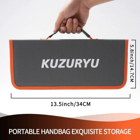 Hand holding tool bag from 31 Piece Metal File Set With 4 Eight Inch Metal Files And 12 Precision Needle Files Riffler File 12 Sandpaper Sheets Steel Brush Work Gloves And Tool Bag Ideal For Metal And Woodworking Projects