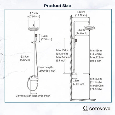 Technical drawing of Exposed Shower Fixture System With 8 Inch Round Rainfall Shower Head Single Handle Dual Function Faucet in brushed nickel.