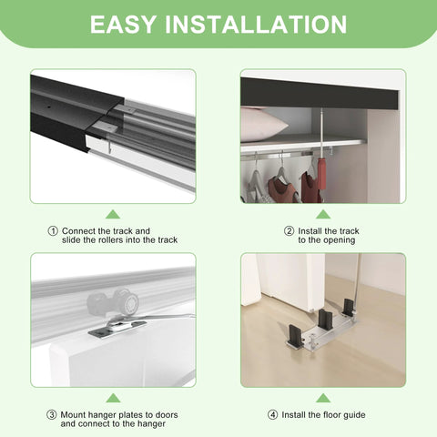 Easy installation guide for Heavy Duty Aluminum Bypass Door Hardware Kit For Sliding Closet Doors with tracks, hangers, and floor guide.