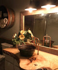 Two Pack Black Farmhouse Vanity Light Fixtures E26 Wall Lamps Sconces in rustic bathroom setting with wood accents