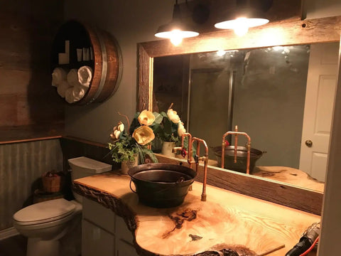 Two Pack Black Farmhouse Vanity Light Fixtures E26 Wall Lamps Sconces in rustic bathroom setting with wood accents