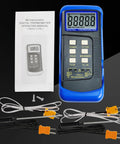 Front view of digital K-type dual-channel thermometer with four thermocouples, blue handheld meter and manual