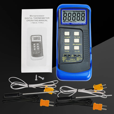 Front view of digital K-type dual-channel thermometer with four thermocouples, blue handheld meter and manual