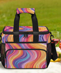 Dope Insulated Picnic Backpack With Lunch Box For Women And Men on picnic blanket with colorful pattern design, mesh pockets visible.