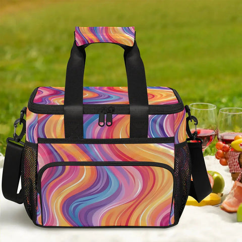 Dope Insulated Picnic Backpack With Lunch Box For Women And Men on picnic blanket with colorful pattern design, mesh pockets visible.