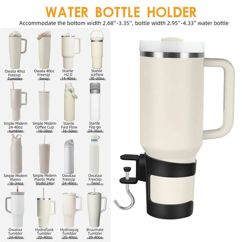 Heavy Duty Desk Cup Holder With Secure Clip For Tumbler And Mug Keep Your Brew Locked Tight And No Mess On Any Workspace Game Changer For Daily Grind Office Setup, displaying various compatible water bottles.