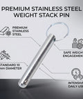 Heavy-Duty Stainless Steel Weight Stack Pin For Commercial Gyms And Home Fitness, shown with features and benefits.