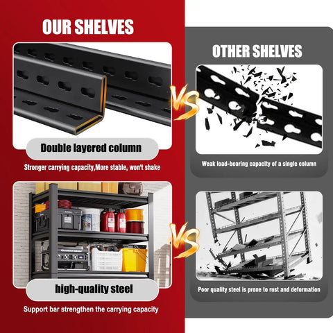 Comparison graphic of set of 2 71 inch heavy duty garage shelving units vs inferior shelving quality and strength