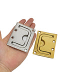 Hand holding 316 Stainless Steel Flush Pull Ring Handle in Gold Finish and silver variant, 76x57mm, rust resistant, for marine and cabinet use.