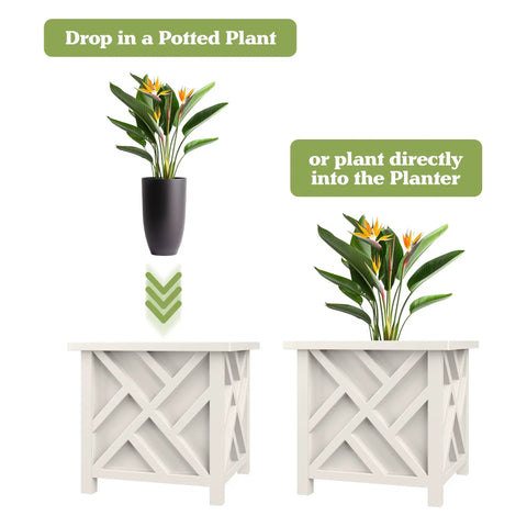 Two-Pack Lattice Outdoor Planter Boxes 15.5 Inch Square 16.5 Inch Tall White Decorative Flower Pots with plant options