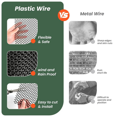 Comparison chart: Plastic wire mesh flexible, windproof; metal mesh sharp, rusts. Includes image of 16 Inch By 50 Foot Plastic Chicken Wire Mesh.