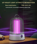 Rechargeable Portable Bug Zapper With USB Charging Indoor Outdoor Mosquito Fly Insect Trap Powerful Fruit Fly Killer With Safety Shield For Patio And Home Your Go To Pest Control Tool on a table emitting purple light