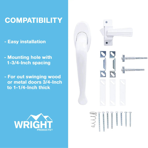White Outdoor Door Pull Handle For Screen And Storm Doors Out Swing No Lock Out Technology Durable Construction Fits Metal And Wood Doors Three Quarter To One And A Quarter Inch Thick Easy Grip Door Hardware with installation components.