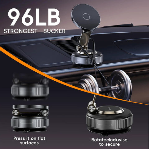 Heavy Duty Car Phone Holder Magnetic Mount With 360 Degree Rotation And Beefed Up Vacuum Suction For MagSafe Phones displayed on car dashboard