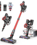 Front view of Comvtu cordless vacuum cleaner by Amazon, red 4-in-1 stick vacuum with attachments and LED-lit floor head.