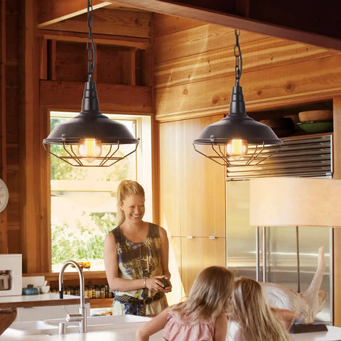 Black Farmhouse Pendant Light Dope Two Pack Industrial Vintage Hanging Lights with wire cage in cozy kitchen setting