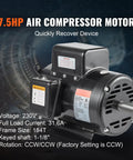 Heavy Duty 7.5 Hp Air Compressor Electric Motor 230V Single Phase 3450 RPM Rock Solid 184T Frame With Reversible Keyed Shaft, showing motor details.