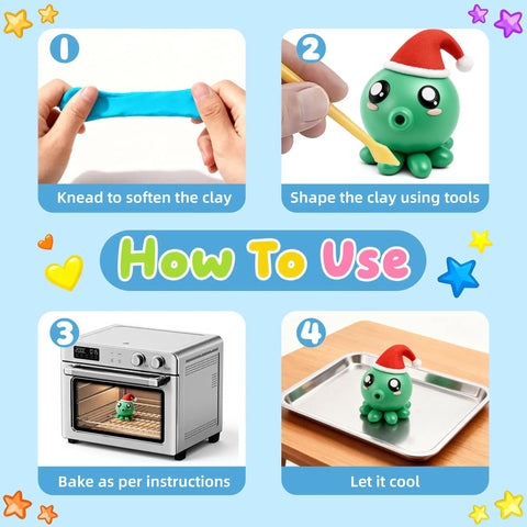 Instructions for using 52-Color Polymer Clay Kit With Sculpting Tools And Storage Box For Starter-Friendly Beginners, showing steps.