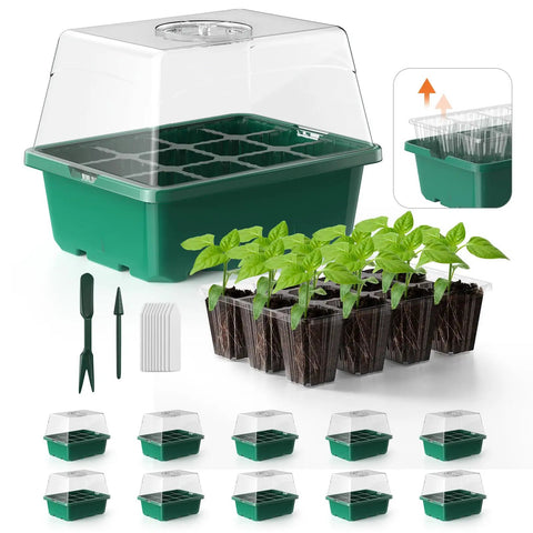 Seed Starter Tray Kit 10 Pack With Heightened Lids For Seed Starting, 12 Cell Germination Trays For Indoor Gardening, green set