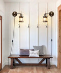 Farmhouse Dimmable Swing Arm Wall Light Two Pack Hardwire Or Plug In Rustic Vintage Sconce with bench, pillows, wall view