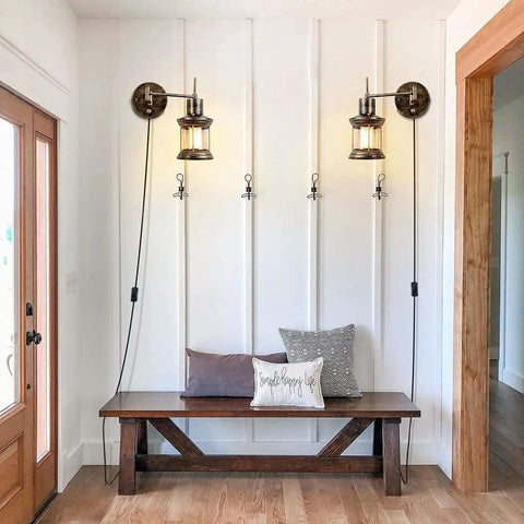 Farmhouse Dimmable Swing Arm Wall Light Two Pack Hardwire Or Plug In Rustic Vintage Sconce with bench, pillows, wall view