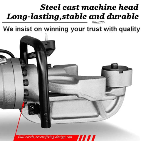 Close-up of the steel cast machine head of the Portable Hydraulic Rebar Bender With 1150W Pure Copper Motor That Bends Up To 25 Millimeter Steel Bars At 0 To 90 Degrees Built Like A Tank For The Daily Grind And Quick Turnaround Projects.