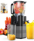 This Super Quiet 400W Cold Press Juicer Boasts A Massive 5.8 Inch Wide Chute For Fast And Easy Prep with fresh fruits and juice.