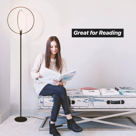 Woman reading beside Torchiere-Style No-Fuss Dimmable LED Floor Lamp For Living Rooms And Offices, Super Bright Tall Standing Lamp