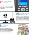 MS40 Bill And Coin Counting Scale For Fast Cash Drawer Counts And Currency Weighing Machine That Totals Value And Quantity Counts Bills Coins Rolls Bags And Bundles In Minutes displaying features like memory storage, updates, and currency counting.