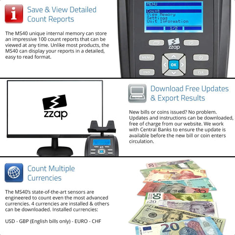 MS40 Bill And Coin Counting Scale For Fast Cash Drawer Counts And Currency Weighing Machine That Totals Value And Quantity Counts Bills Coins Rolls Bags And Bundles In Minutes displaying features like memory storage, updates, and currency counting.