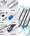 Heavy Duty Drawer Slides With Secure Locking Mechanism And Full Extension Side Mount Runners showing steel ball and locking detail.