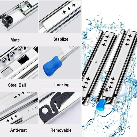Heavy Duty Drawer Slides With Secure Locking Mechanism And Full Extension Side Mount Runners showing steel ball and locking detail.