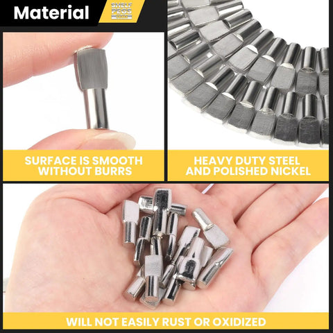 Heavy Duty 100 Pack Stainless Steel Shelf Pins With Polished Nickel Finish, showing smooth surface and rust-resistant design.
